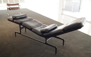 A “Billy Wilder” chaise longue by Charles and Ray Eames. It is on display at the Center for Architecture Sarasota's McCulloch Pavilion in advance of The Modern Show, May 13-14. Staff photo / Harold Bubil; 5-2-2016.