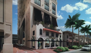 This rendering shows how the DeMarcay condominium will be built behind the facade of the historic 1920s DeMarcay Hotel. Courtesy rendering.
