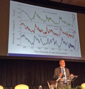 John Englander addresses the Florida-Caribbean chapter of the American Institute of Architects Thursday in Palm Beach. An expert on sea-level rise, he said the time to act and plan is now. The chart behind him shows the recent increases in carbon dioxide, temperature and sea level since the last Ice Age. Staff photo / Harold Bubil